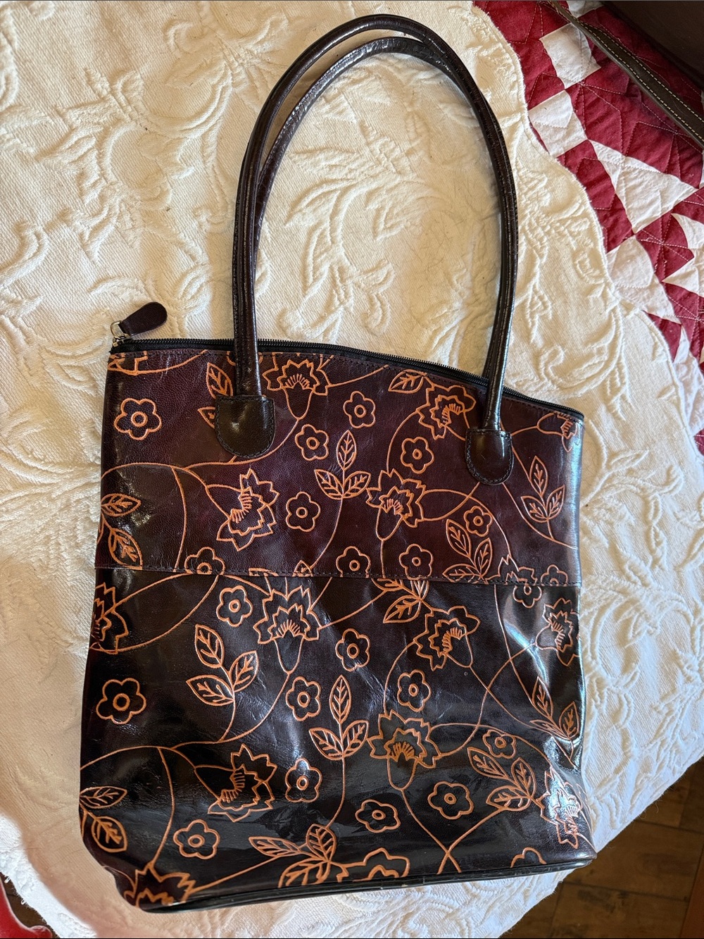 Brown Floral Tote Bag with Orange Accents